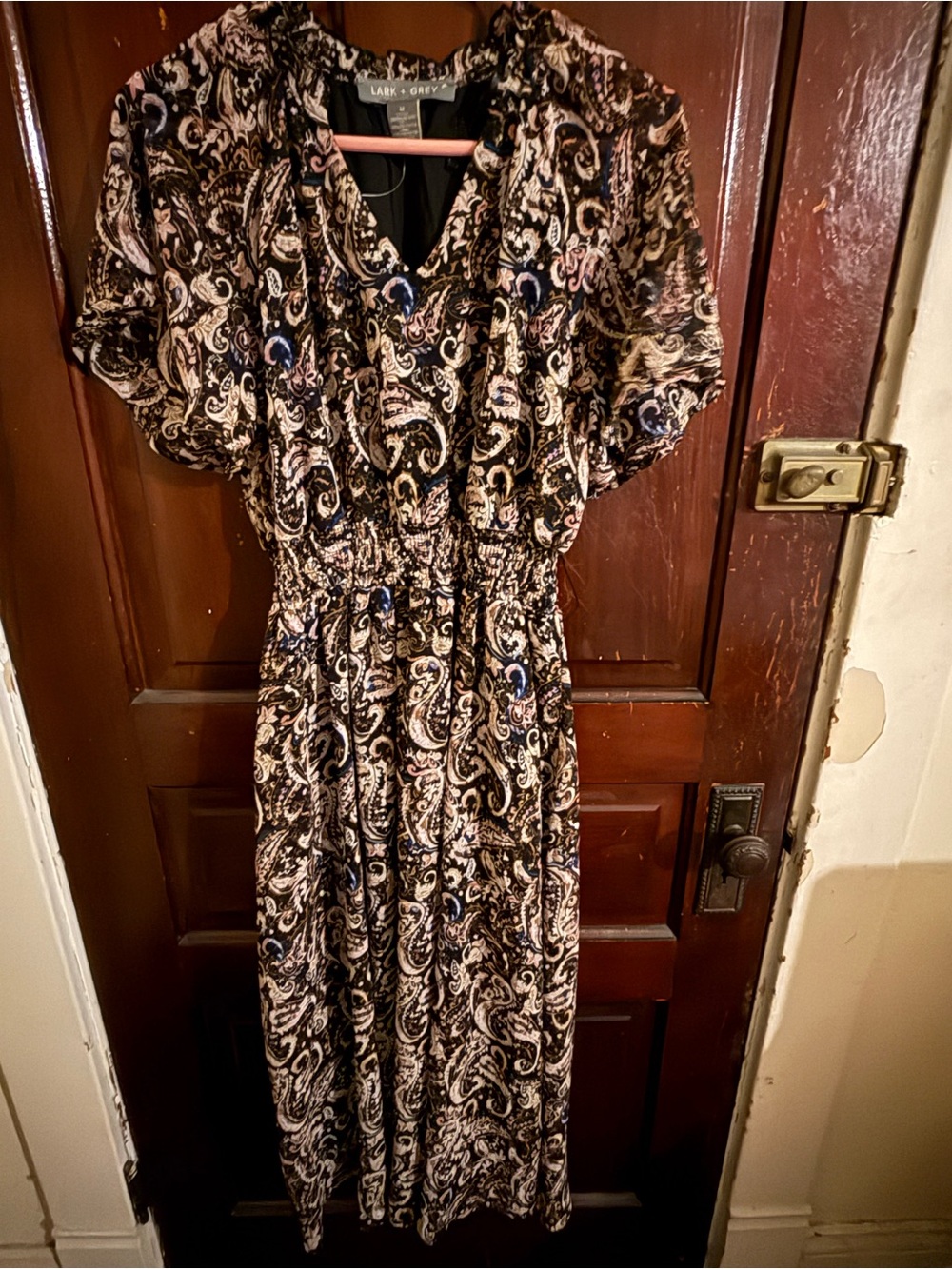 Women's Paisley Smocked Waist Midi Dress - Black/Brown